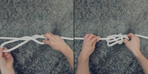 Как завязать водительский узел: правой рукой переверните петлю и вставьте в проём конец, который находится в левой руке