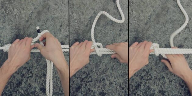 Как завязать водительский узел: вставьте ходовой конец в петлю и затяните, затем снова протащите его под верёвками