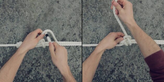 Как завязать водительский узел: ещё раз вставьте ходовой конец в петлю и затяните