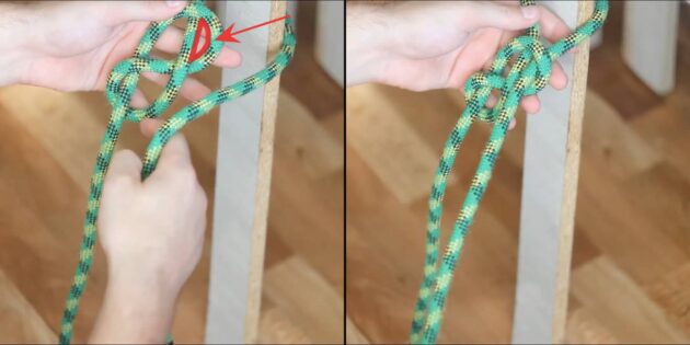 Как завязать узел «восьмёрка с одним концом»: просуньте ходовой конец в верхнее полушарие узла изнутри наружу