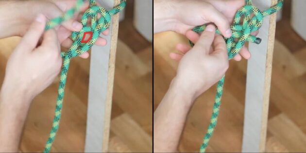 Как завязать узел «восьмёрка с одним концом»: проведите ходовой конец под коренным и засуньте в нижнее полушарие узла снаружи внутрь